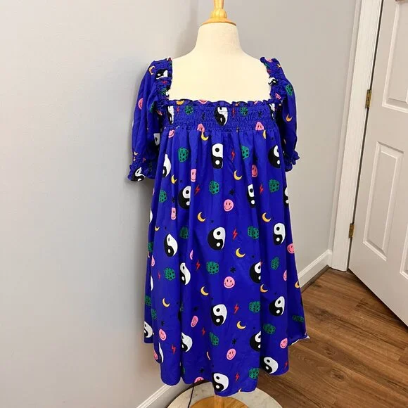 NEW Dressed in LALA Forget the Rules Icon Dress Blue Yin Yang Smile Dress L - Picture 3 of 15